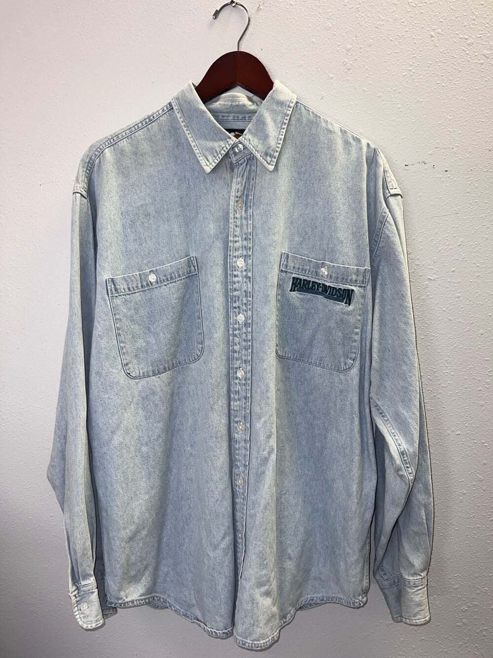 Vintage Harley Davidson Light Wash Denim Button Down Shirt Embroidered Logo 0636